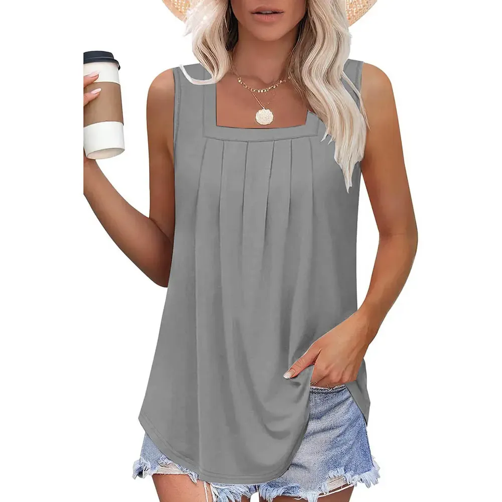Summer Tank Tops for Women Loose Fit Pleated Square Neck Sleeveless Tops