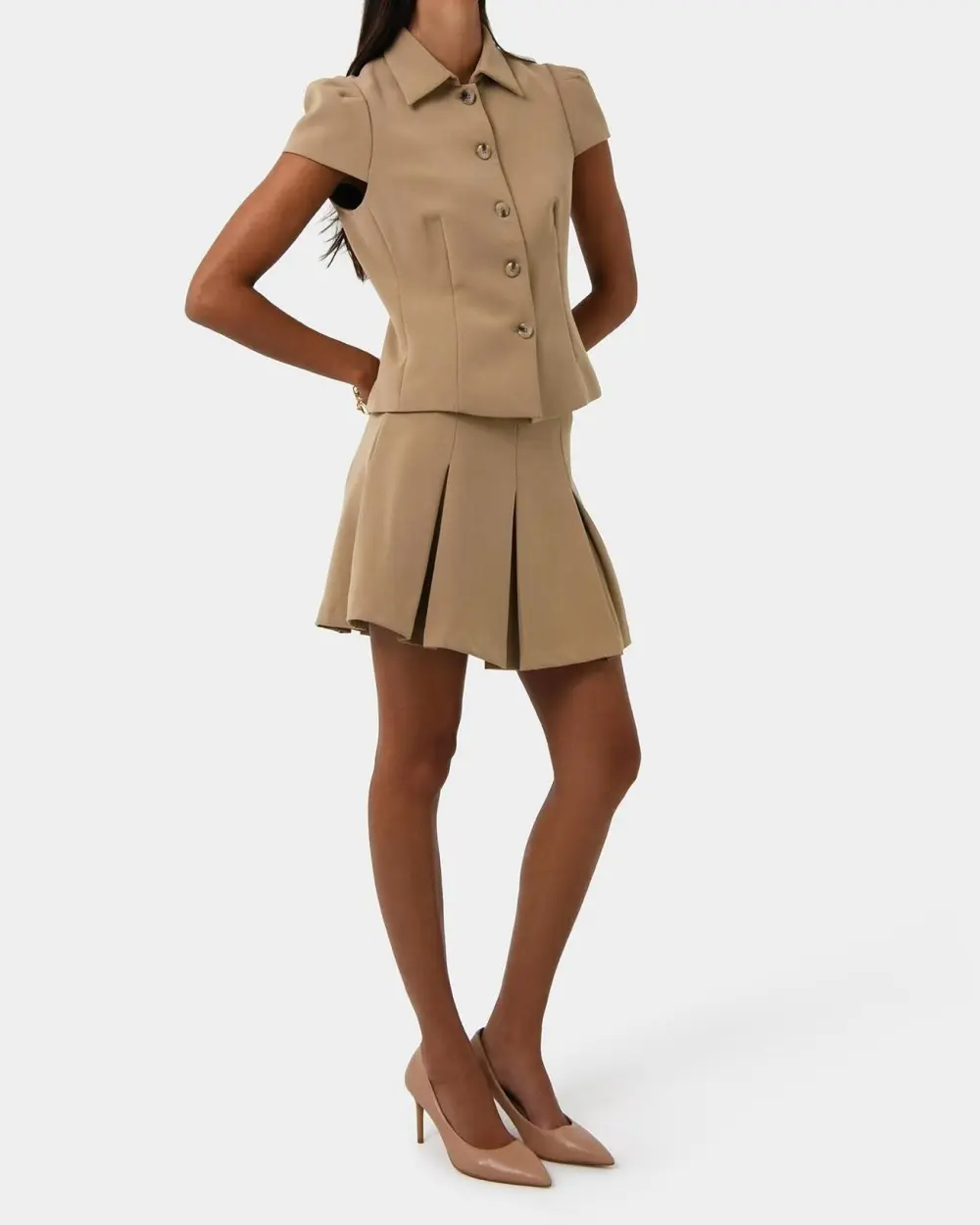 Cap Sleeves Button Down Jacket -Tan