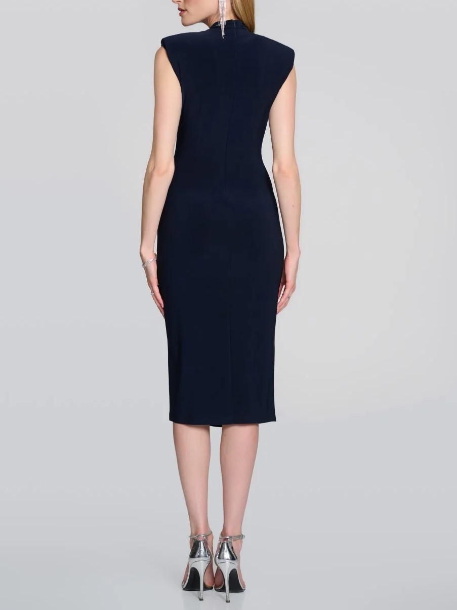 Navy Blue Belted Wrap Midi Dress