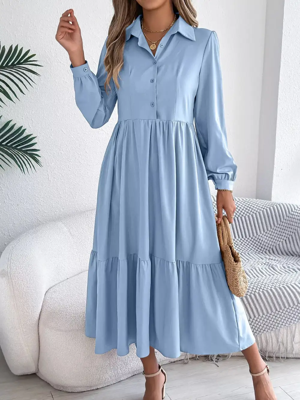 Button Front Tiered Long Sleeve Midi Dress