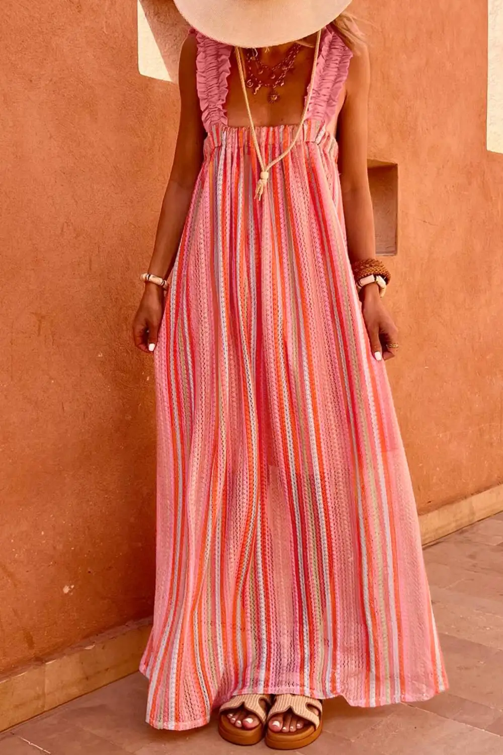 Striped Ribbed Ruffle Maxi Dress
