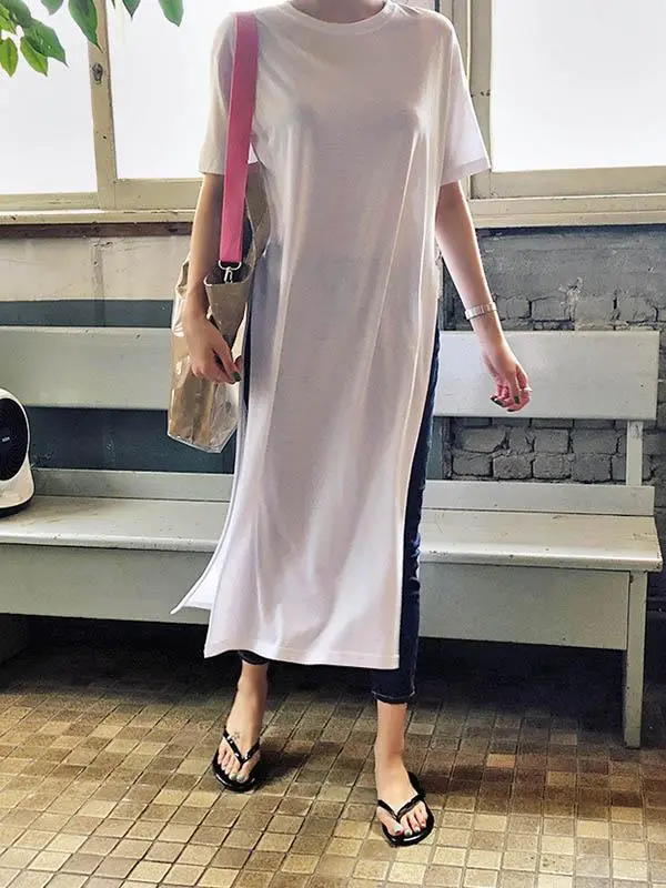 Casual Minimal Side Slit Long T-Shirt