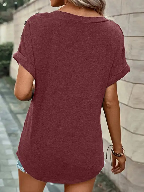 Relaxed Short Sleeve Button Detail V-Neck Polyester T-Shirt