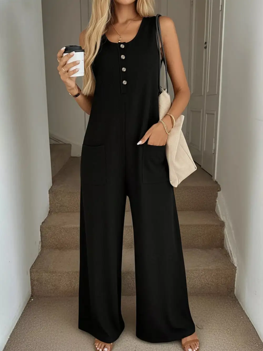 Sleeveless Button Front Wide Leg Everyday Jumpsuit