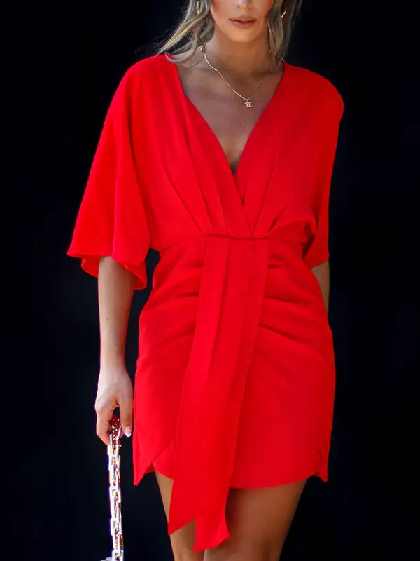 Batwing Sleeve Skinny Pleated Solid Color Split Joint V Neck Mini
