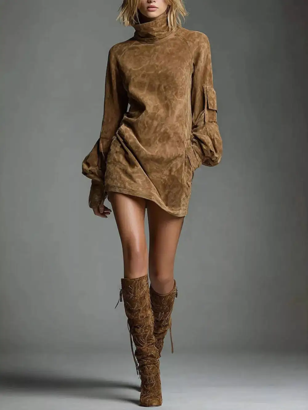 Pocketed Lantern Sleeve Mini Dress