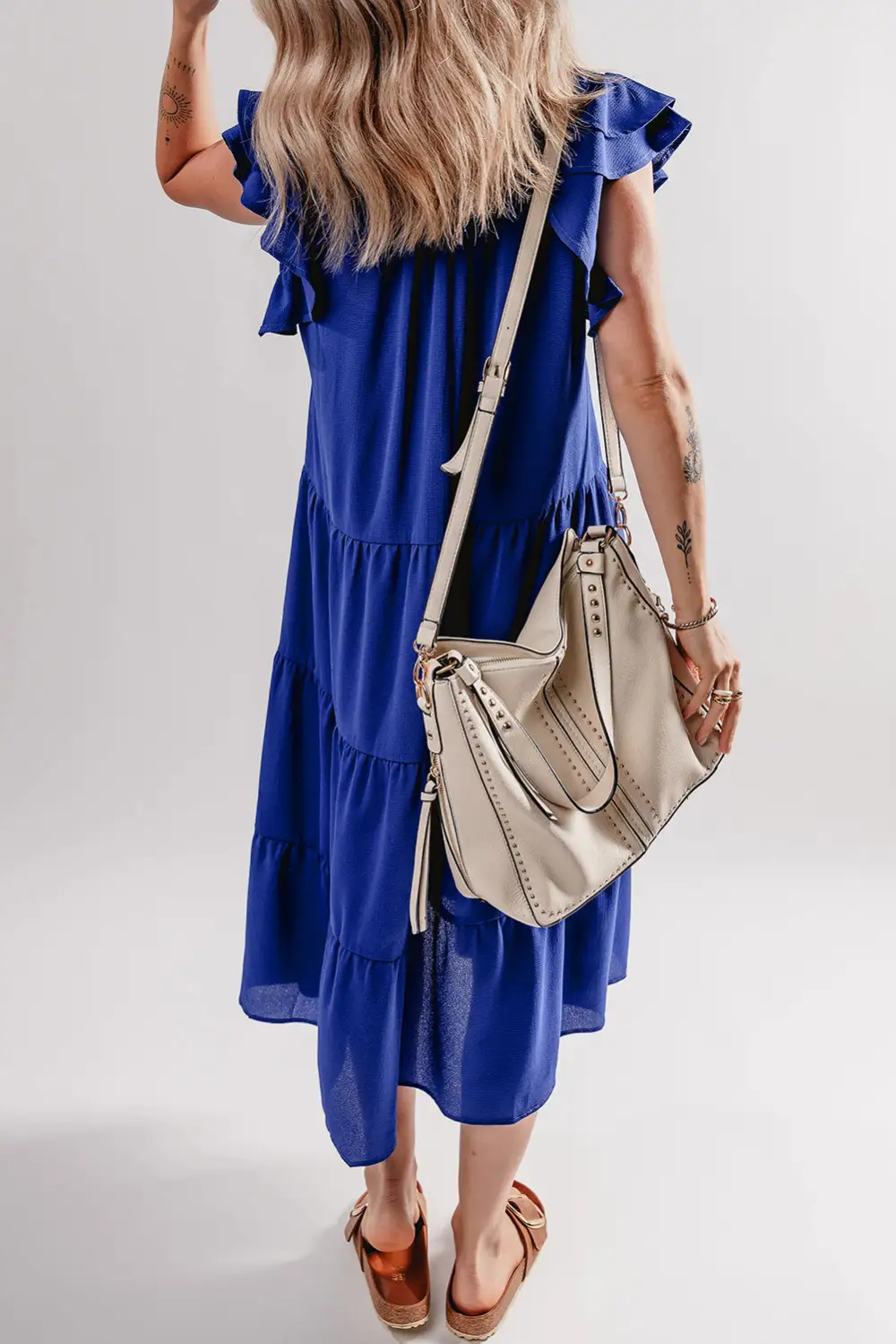 Short Sleeve V Neck Collared Ruffle Trim Tiered Midi Dress