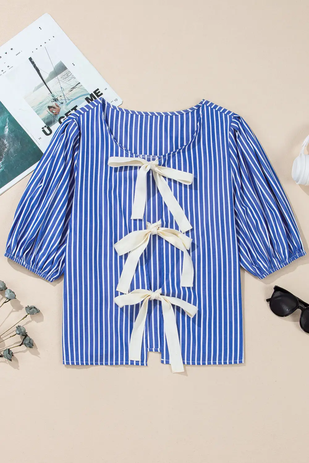 Striped Bow Detail Puff Sleeve Blouse