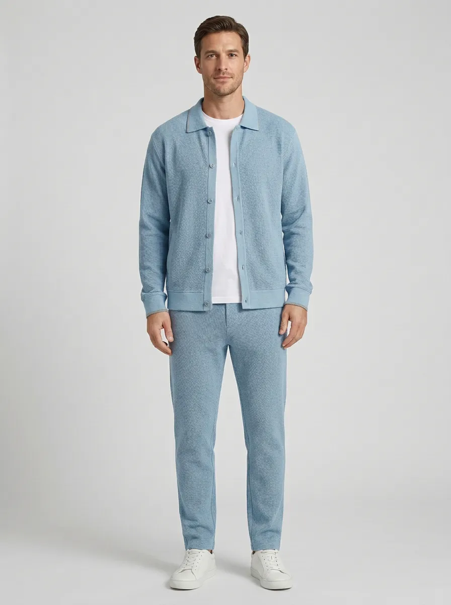 Men's Contemporary Textured Minimal Polo Collar Jacket and Jogger Pants Set