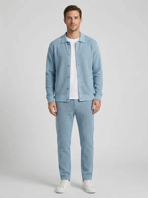 Men's Contemporary Textured Minimal Polo Collar Jacket and Jogger Pants Set