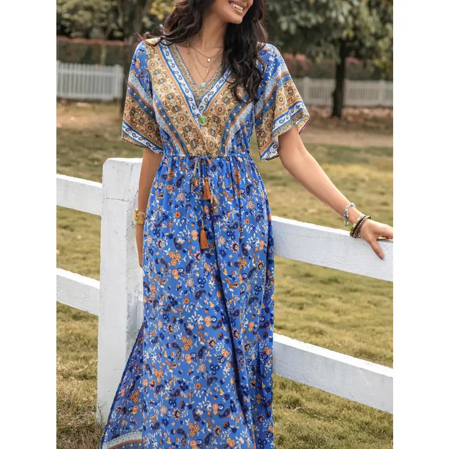 Slit Printed V Neck Half Sleeve Maxi Dress