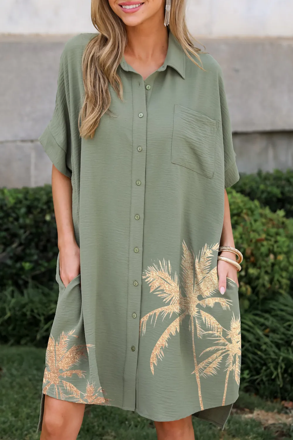 Composed Persona Green Button Front Midi Dress