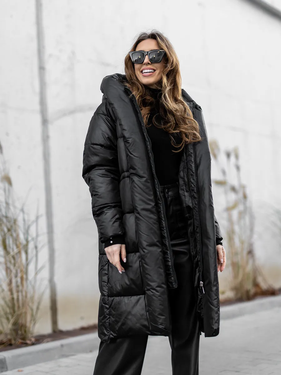 Black Women's Long Quilted Winter Jacket With Hood