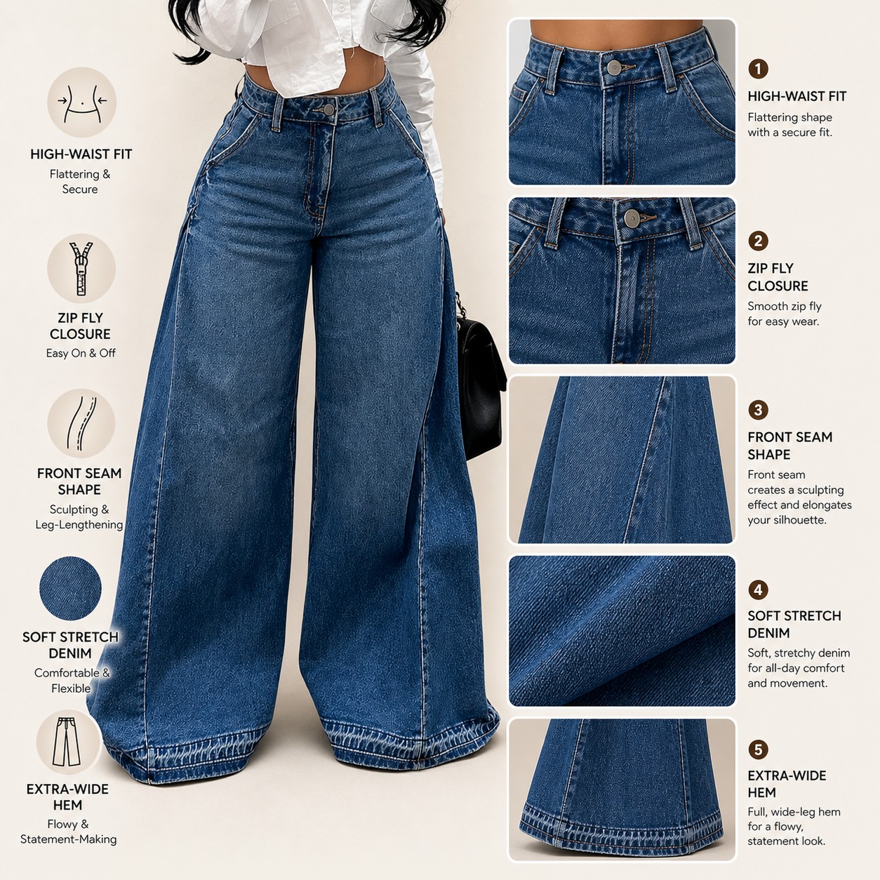 Women's High Waist Flare Wide Leg Jeans detail breakdown