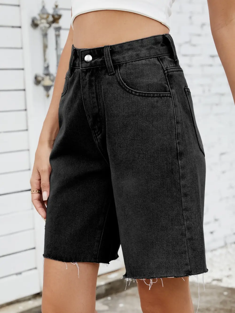 Textured Washed Raw Hem Denim Shorts
