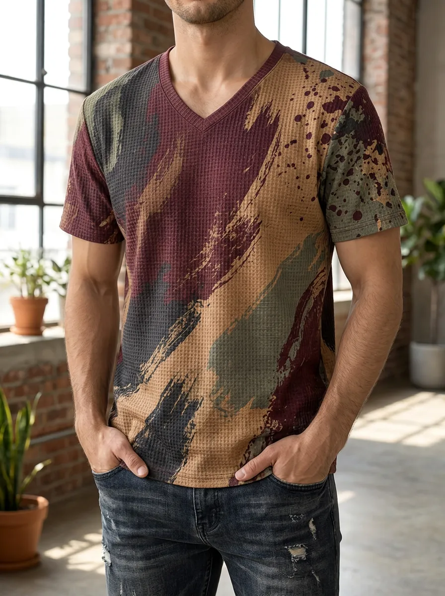 Men's Abstract Paint Splatter Waffle Knit Printed V-Neck T-Shirt