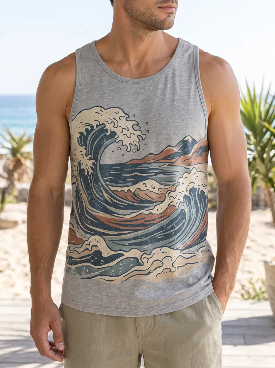 Men's Surfing Beach Great Wave Tank Top