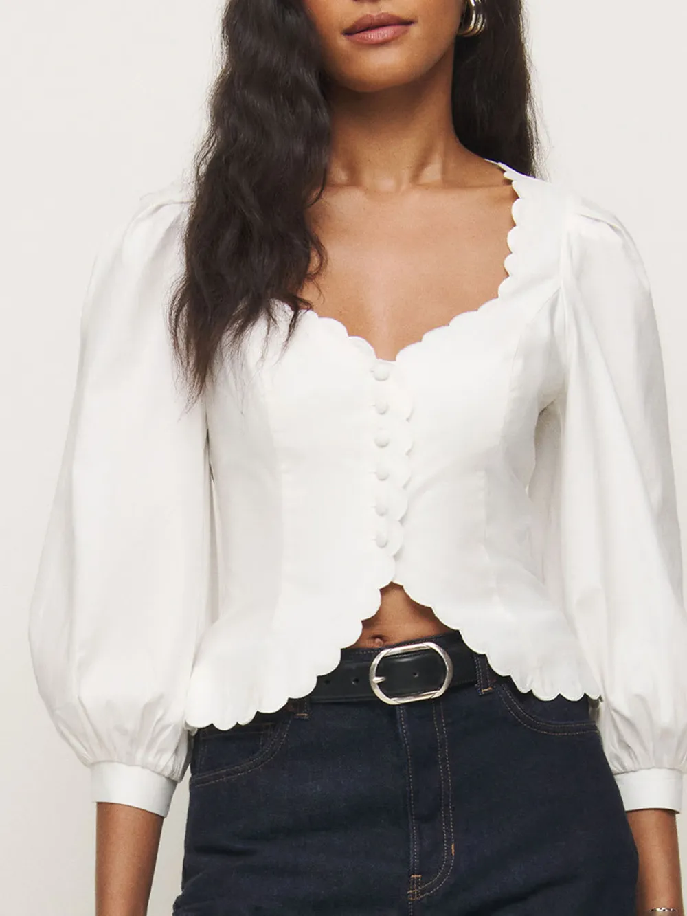 Scalloped Edge Puff Sleeve Crop Top