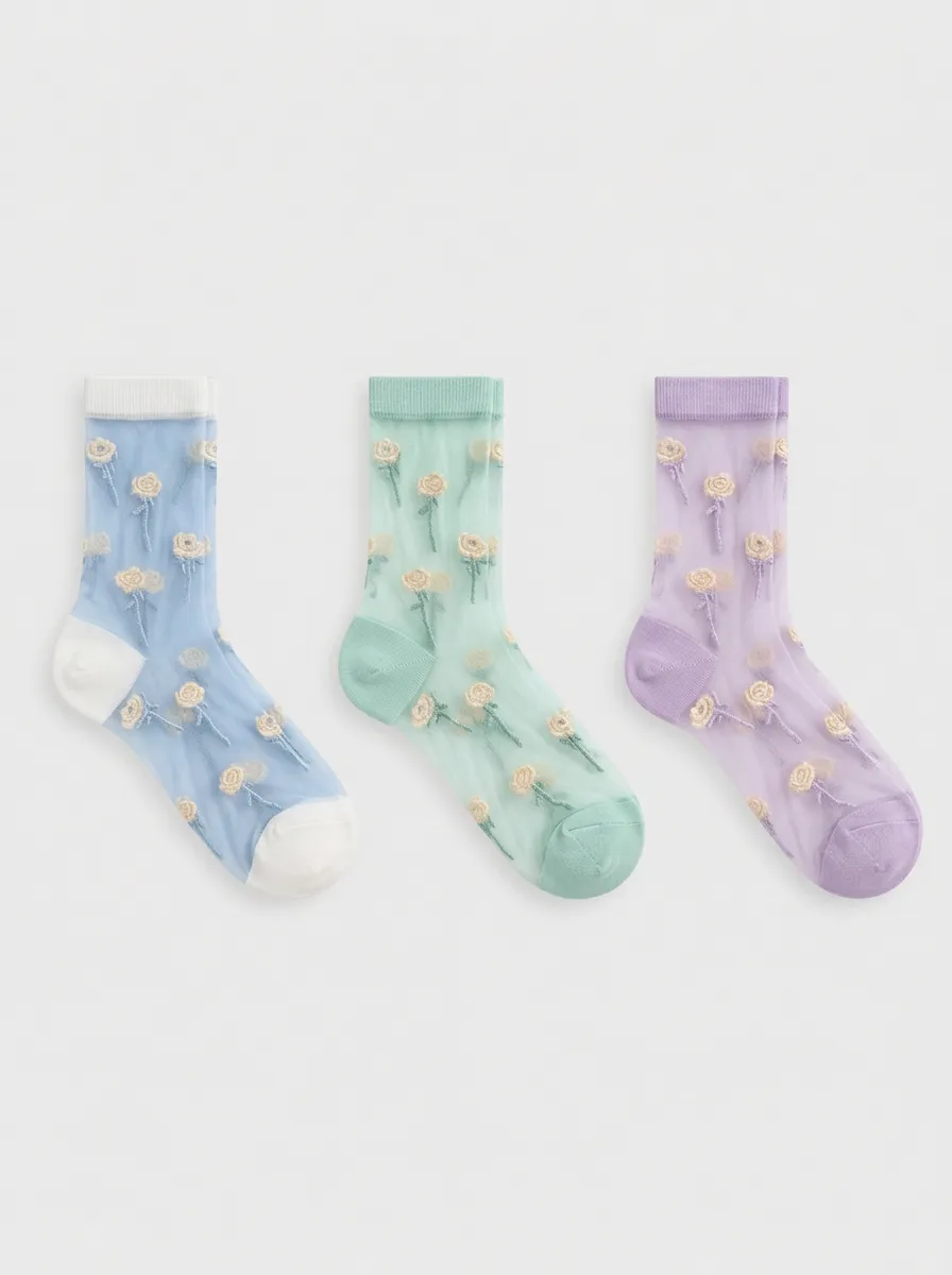 Women's Pastel Floral Sheer Crew Socks - of Three 3-Pack