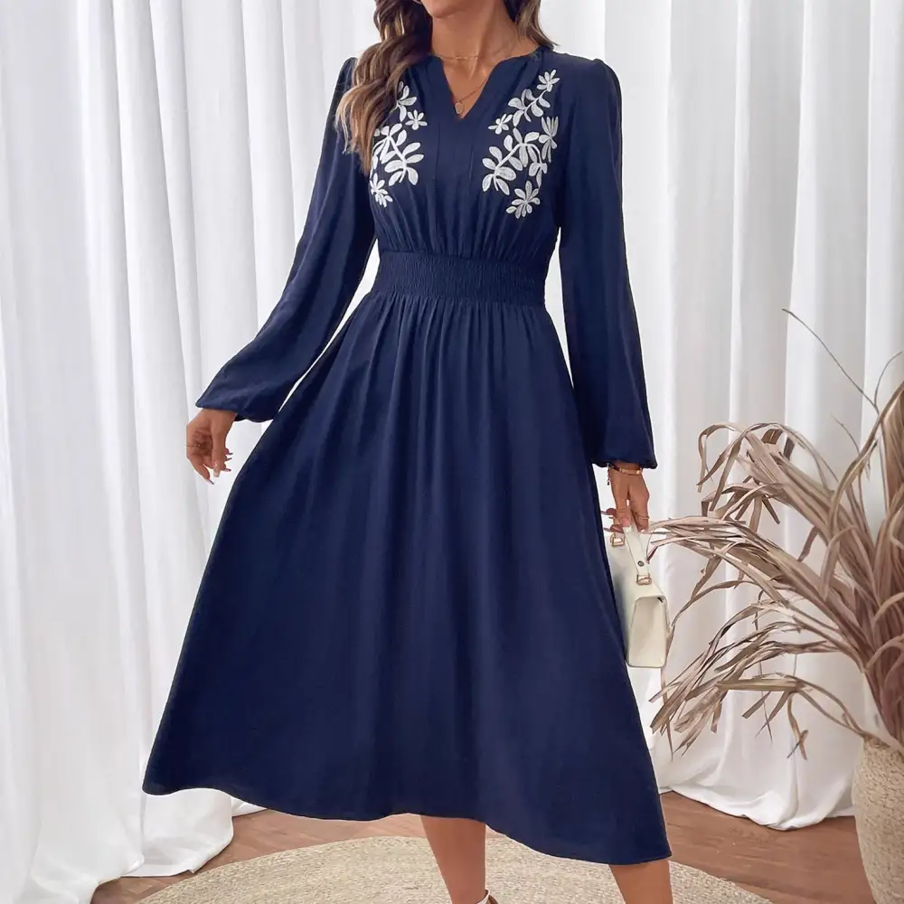 Women's V-Neck Embroidered Floral Midi Dress