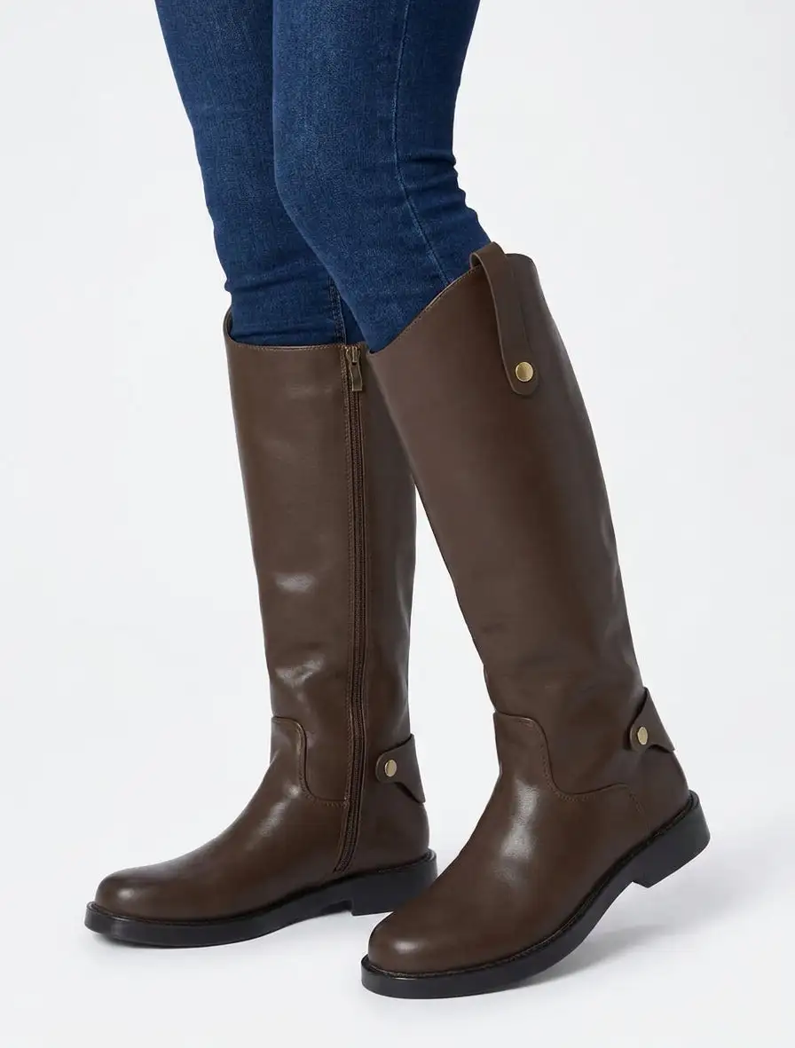 Classic Detailed Block Heel Faux Leather Knee High Boots