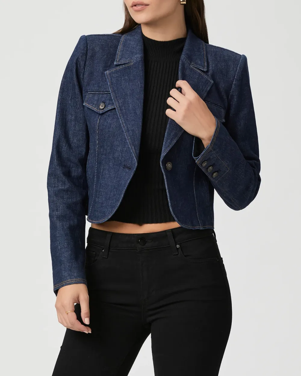 Navy Blue Cropped Denim Blazer
