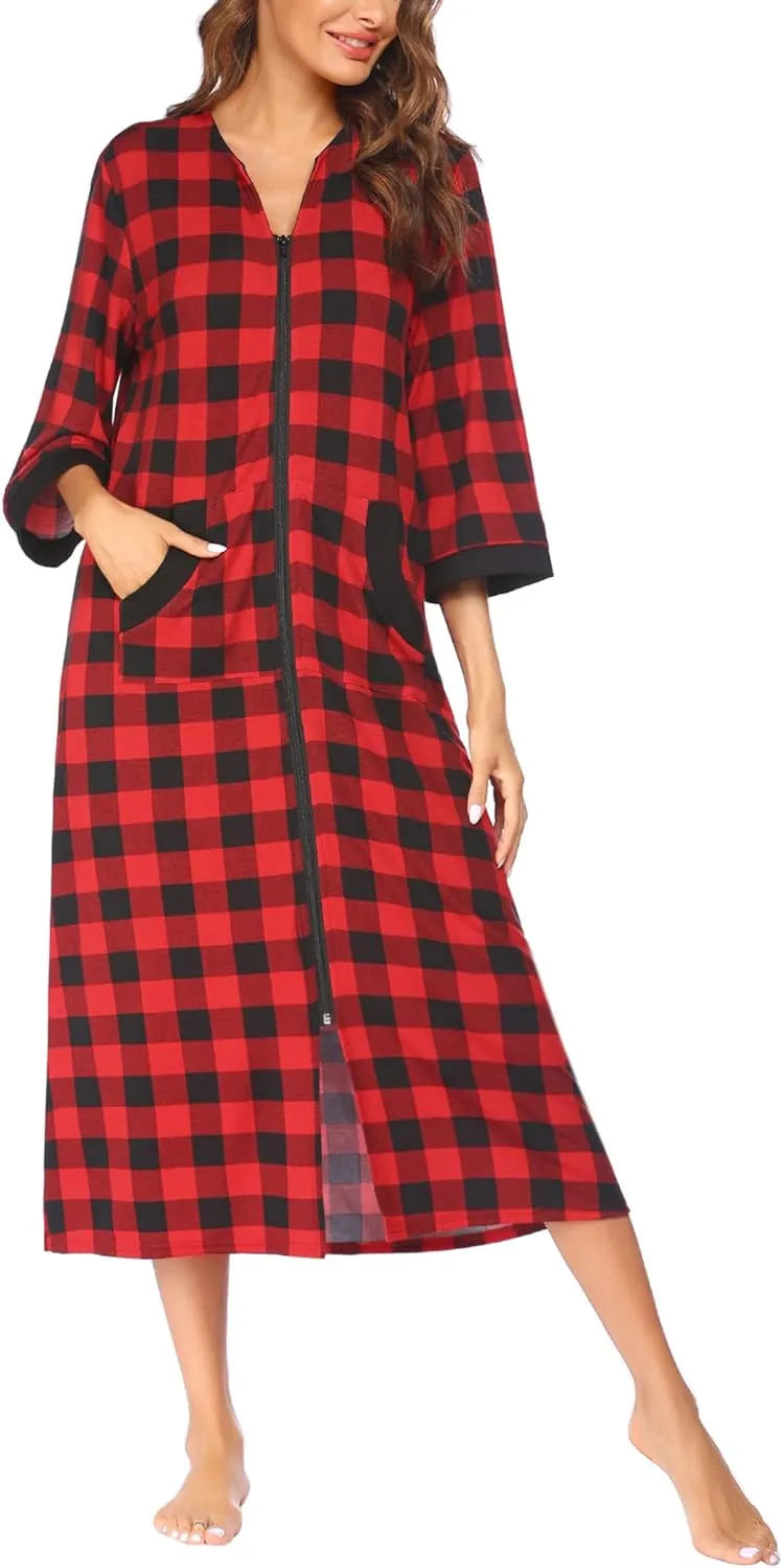 50% OFF Women Zipper Robe 3/4 Sleeves Loungewear Dress Full Length Sleepwear Pockets Housecoat Nightgown Long Bathrobe