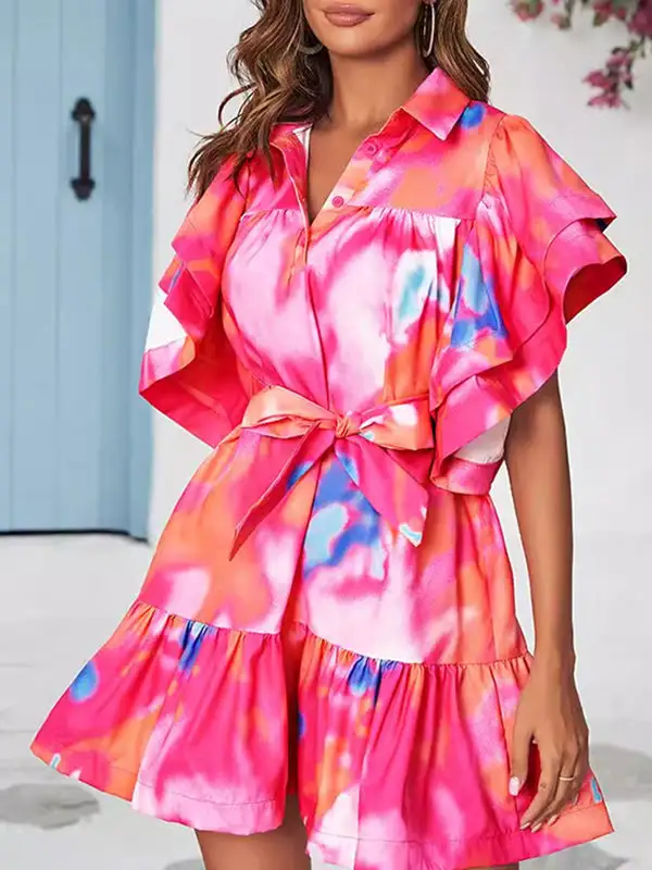 Relaxed Ruffle Sleeve Buttoned Leaves Print Split Joint Tied Waist Tie