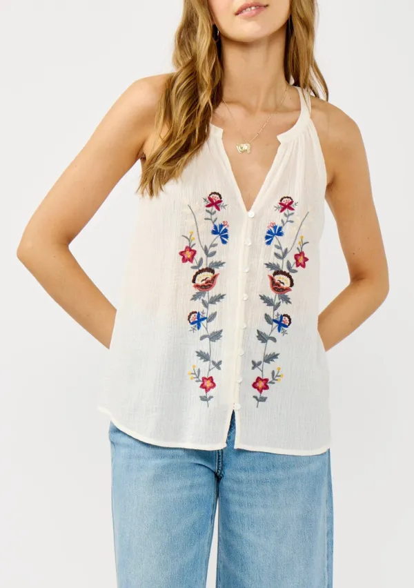 Embroidered Notched Sleeveless Top