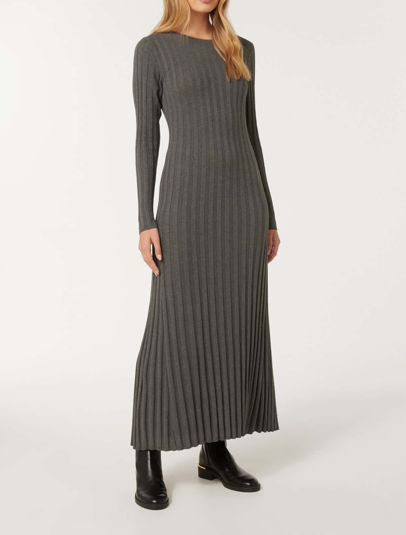 Grey Crew-Neck Knit Dress