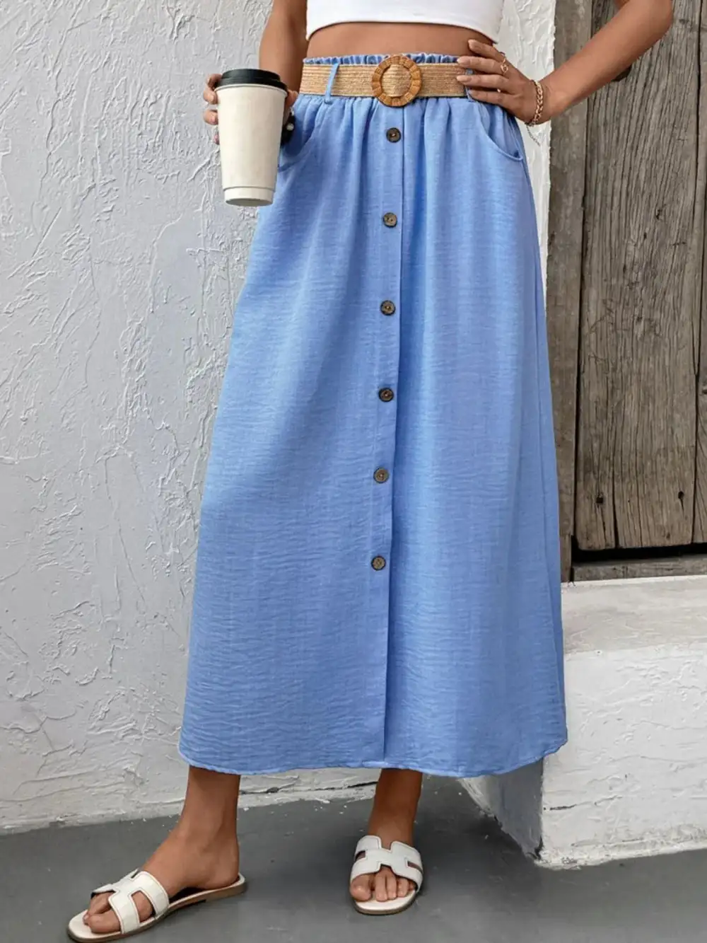Button Front Pocket Detail Skirt