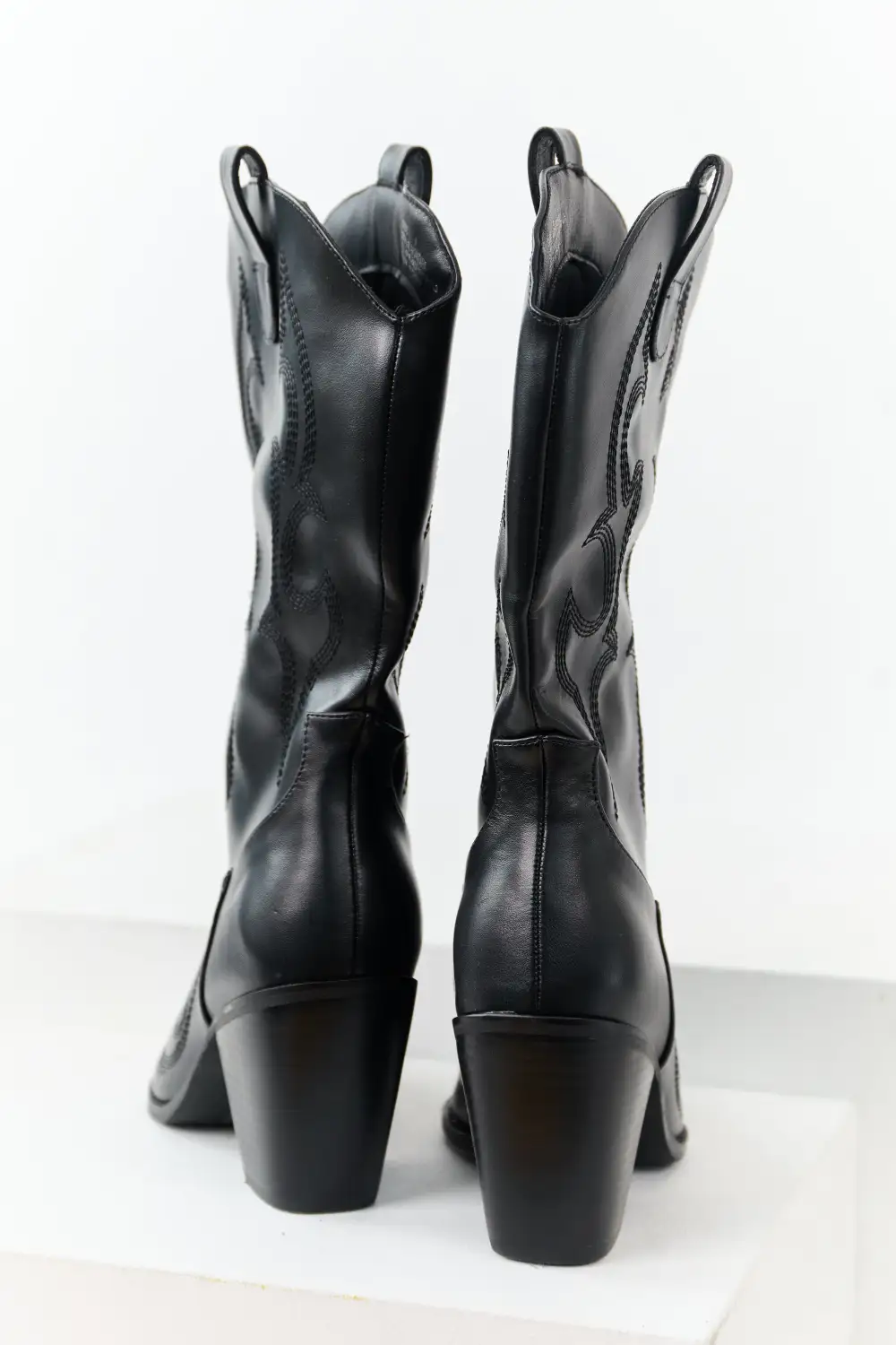 Black Faux Leather Stacked Heel Cowboy Boots