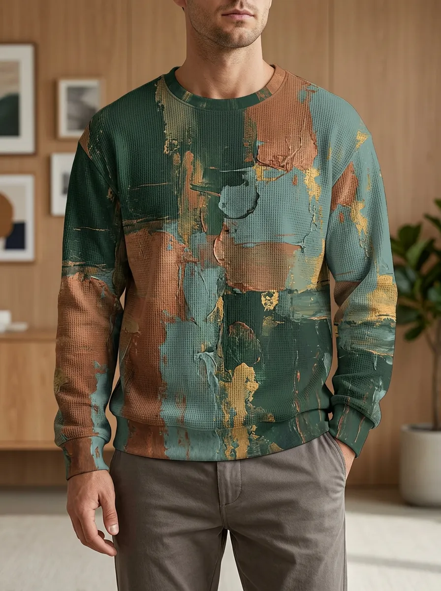 Men's Multi-Color Abstract Printed Waffle Crewneck Sweatshirt