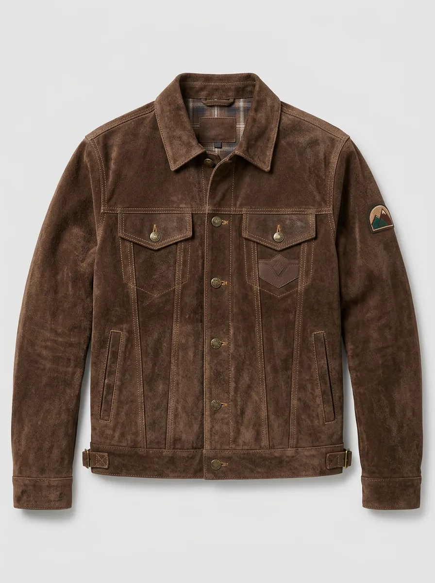 Men's Outdoor Adventure Mountain Patch Brown Suede Jacket
