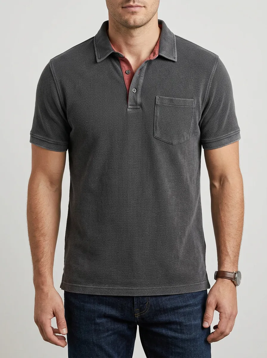 Men's Casual Waffle Knit Pocket Contrast Placket Polo Shirt