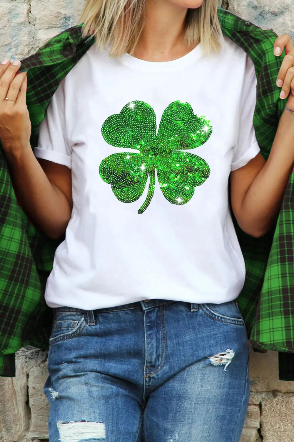 White Sequin Clover Patch Graphic