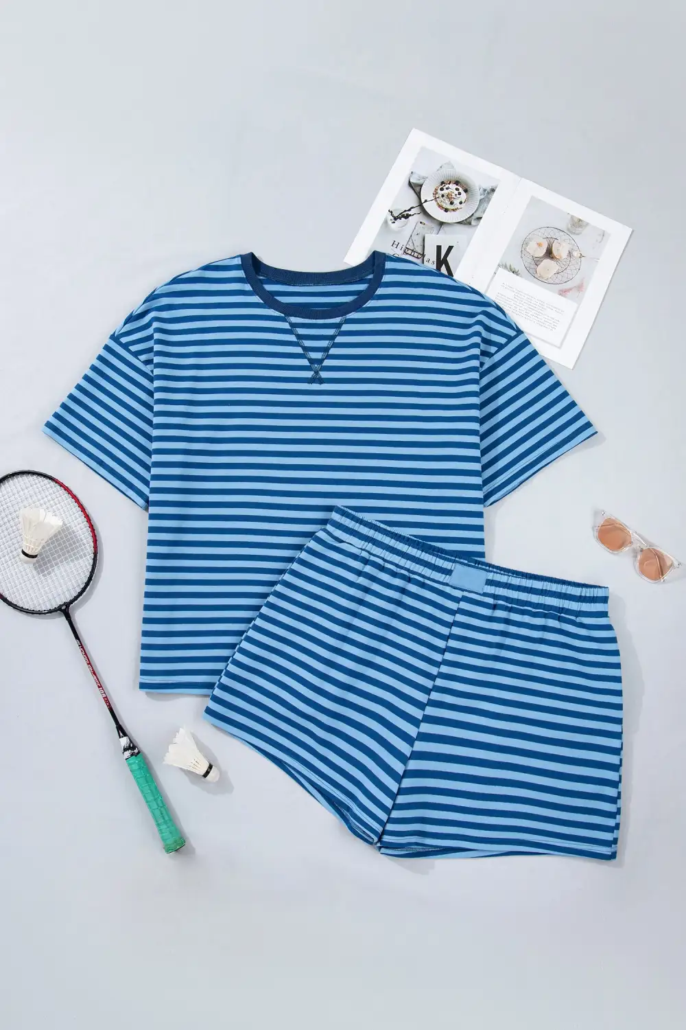 Elastic-Waist Pocketed Cotton Ribbed Two-Piece Tee and Shorts Set
