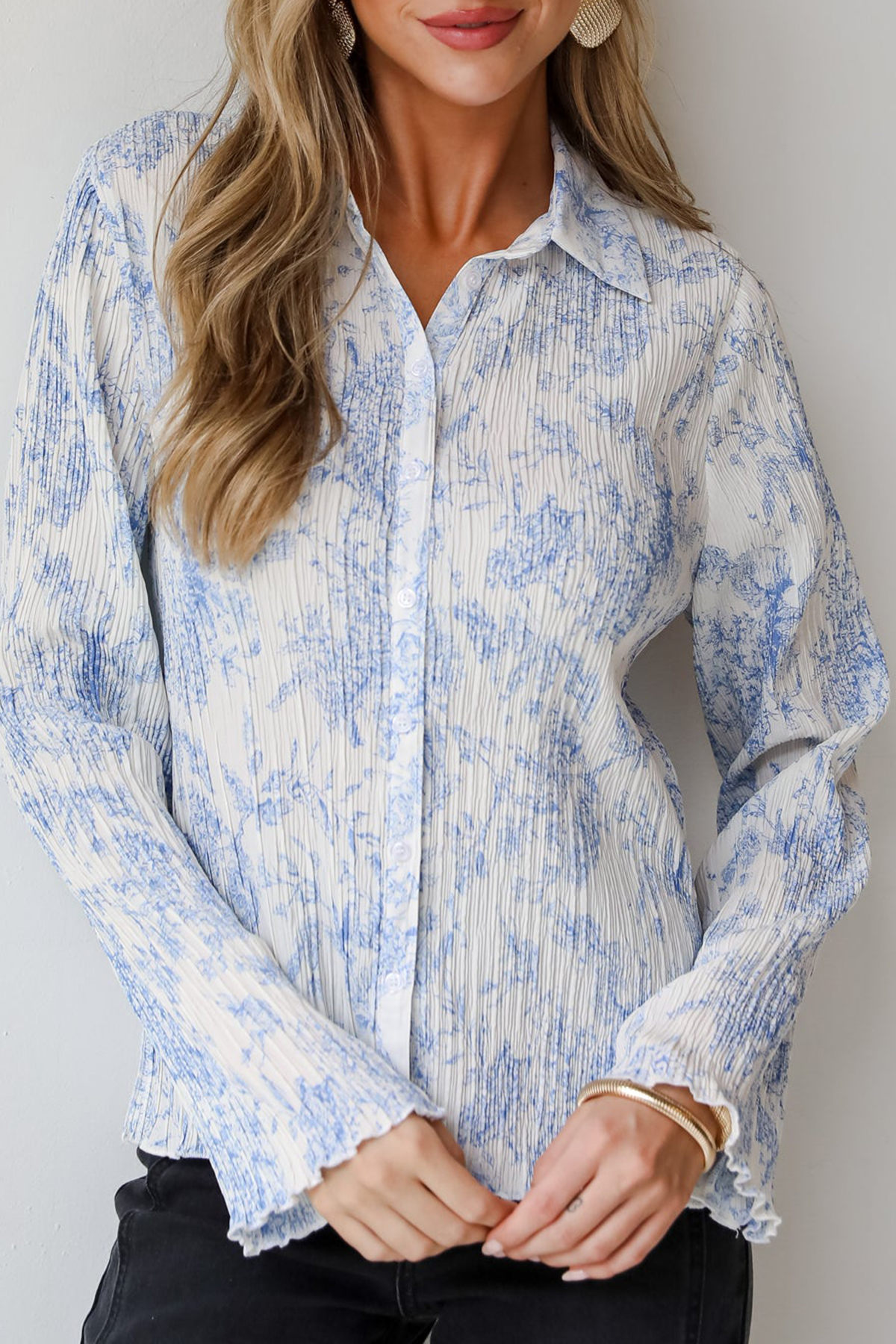 Modern Devotion Blue Floral Plisse Button-Up Blouse