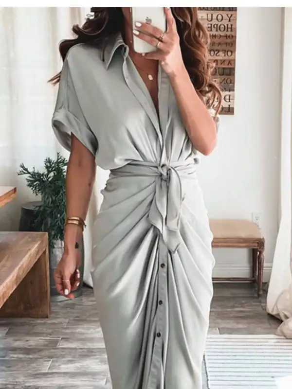 Button Front Tie Waist Midi Dress