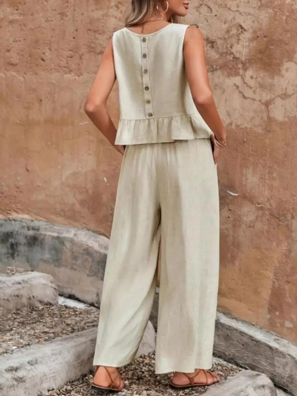Sleeveless Ruffle Hem Top and Wide Leg Pants Two