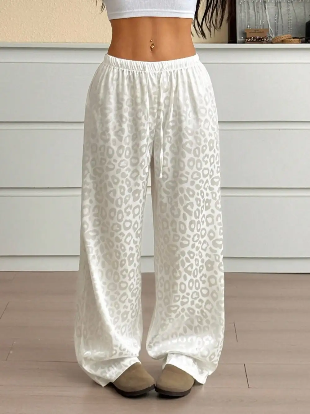Wide Leg Leopard Print Drawstring Casual Pants
