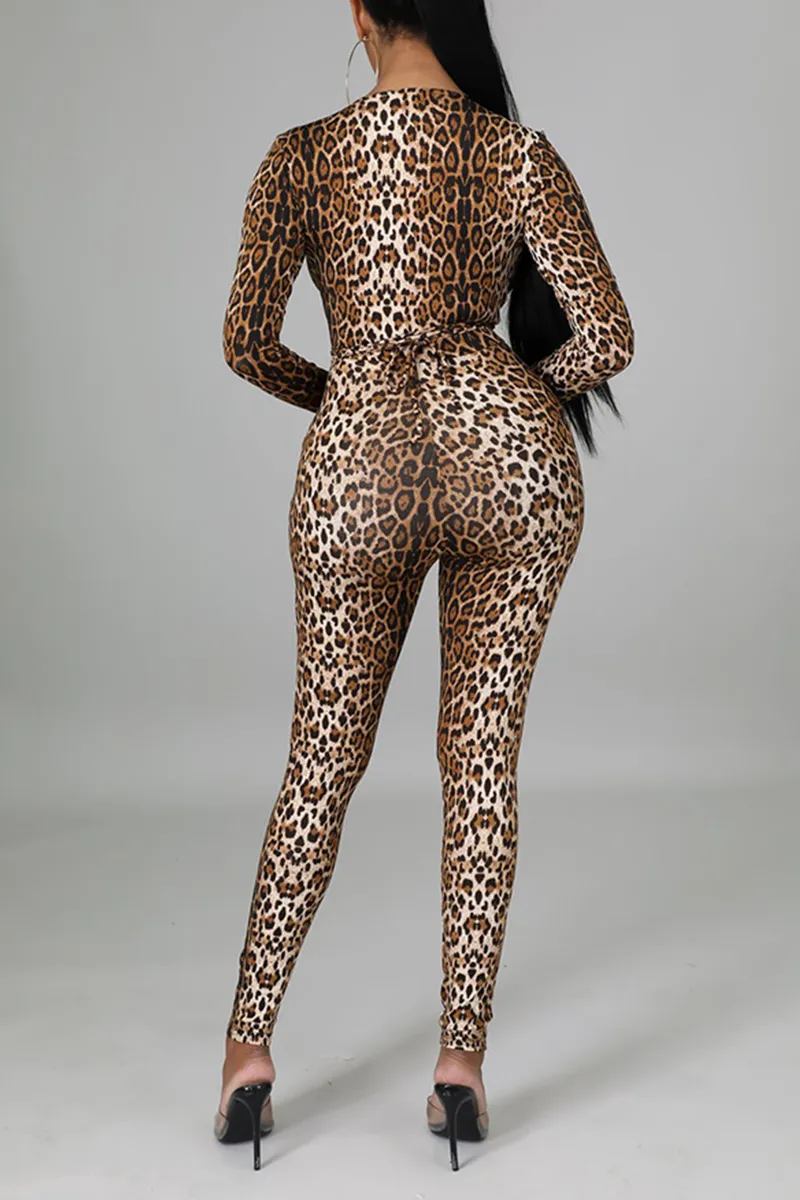 Sexy Leopard Hollowed Out V Neck Skinny Jumpsuits