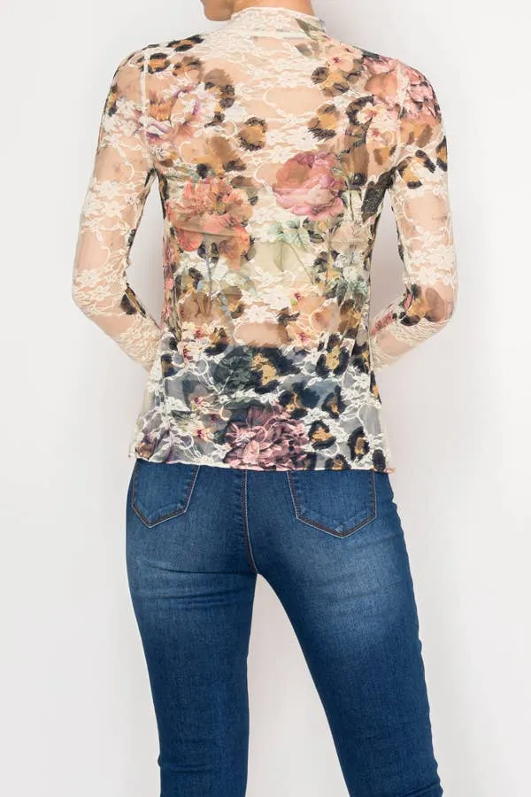 Floral Lace Trim Mesh Top