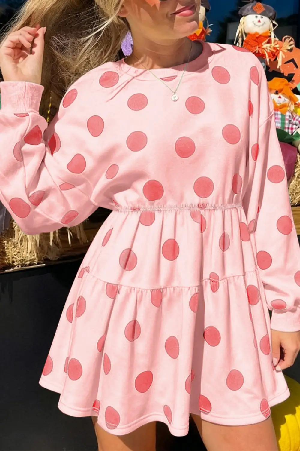 Polka Dot Printed Long Sleeve Mini Dress