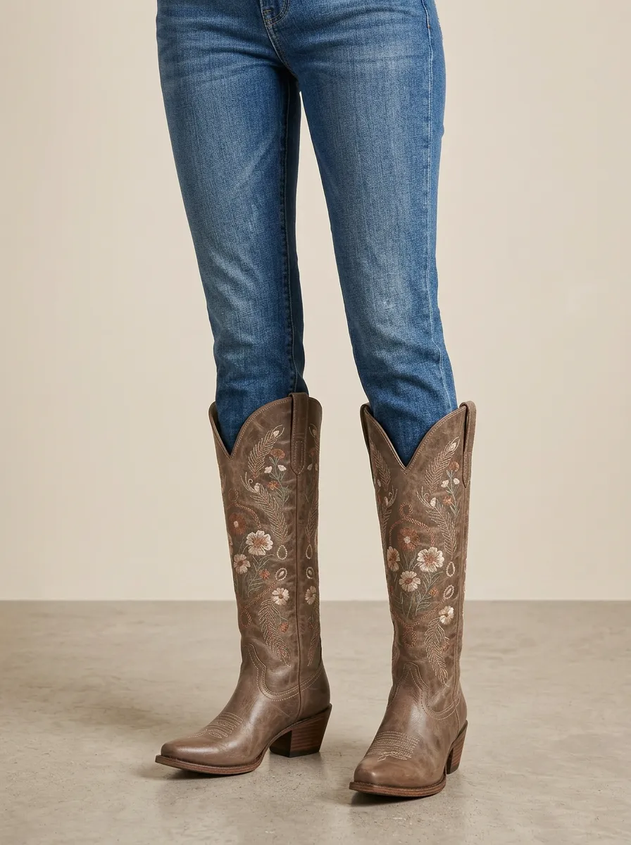 Women's Western Floral Wing Leaf Embroidered Pointed-Toe Block-Heel Denim Over-the-Knee Boots