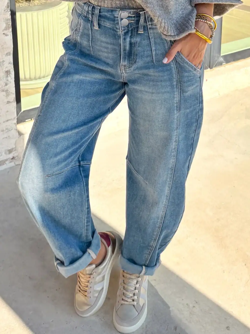 Barrel Leg Washed Cuffed Denim Jeans