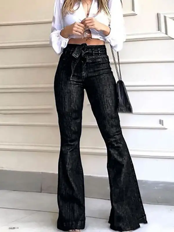 Minimal High Waist Relaxed Fit Flared Tie Waist Jeans