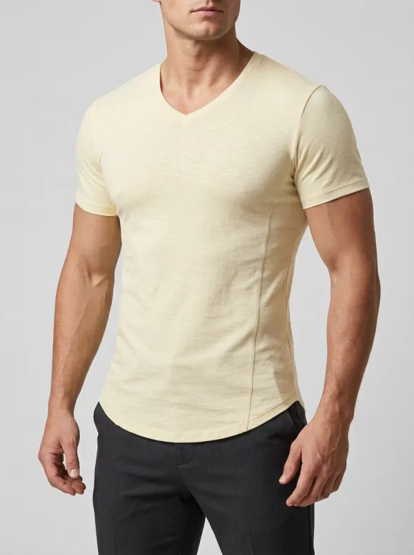 Streamlined Curved Hem V-Neck Refined Look Men's Slim Fit Short Sleeve T-Shirt