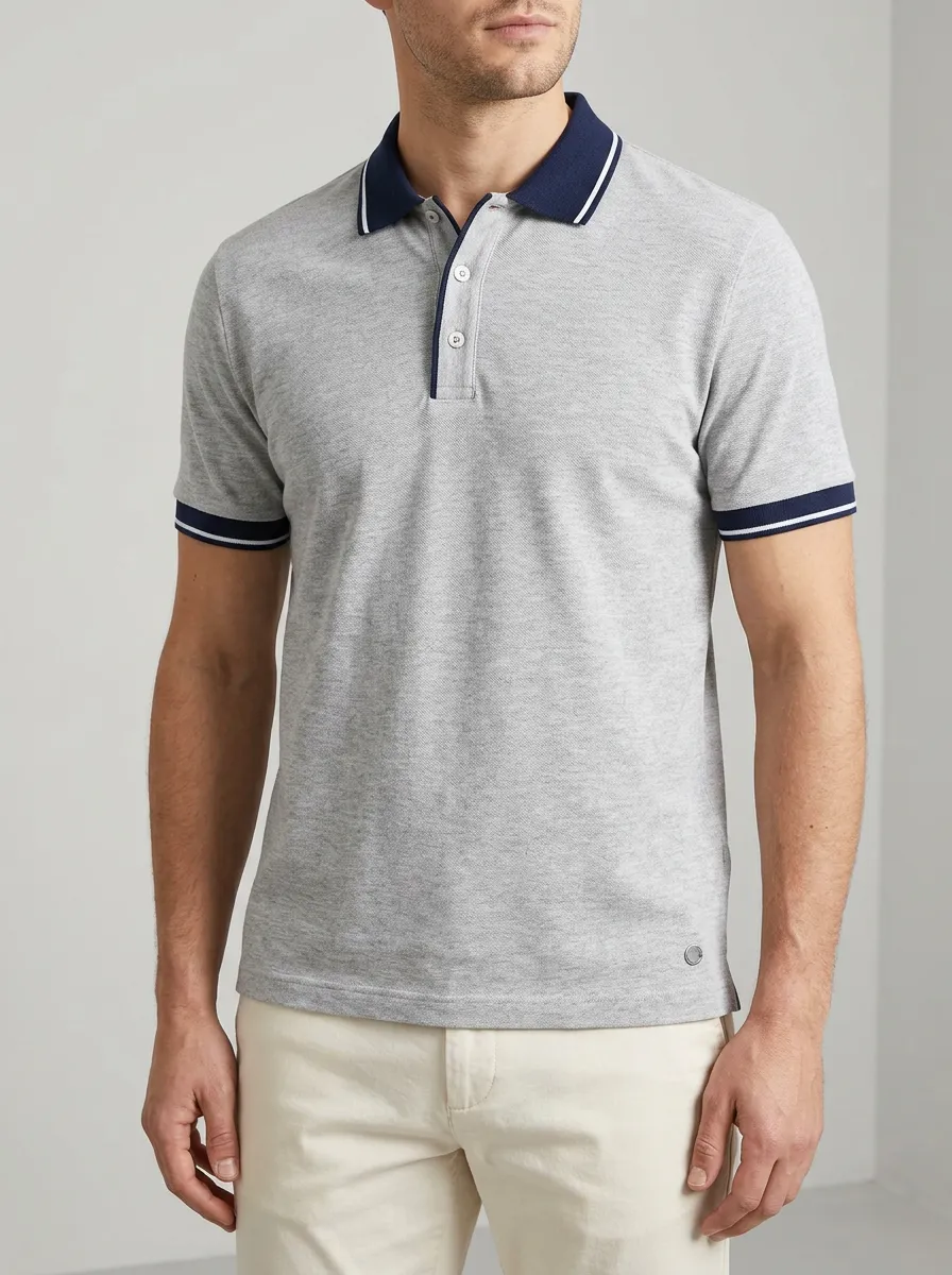 Men's Gray Contrast-Collar Tipped Polo Shirt