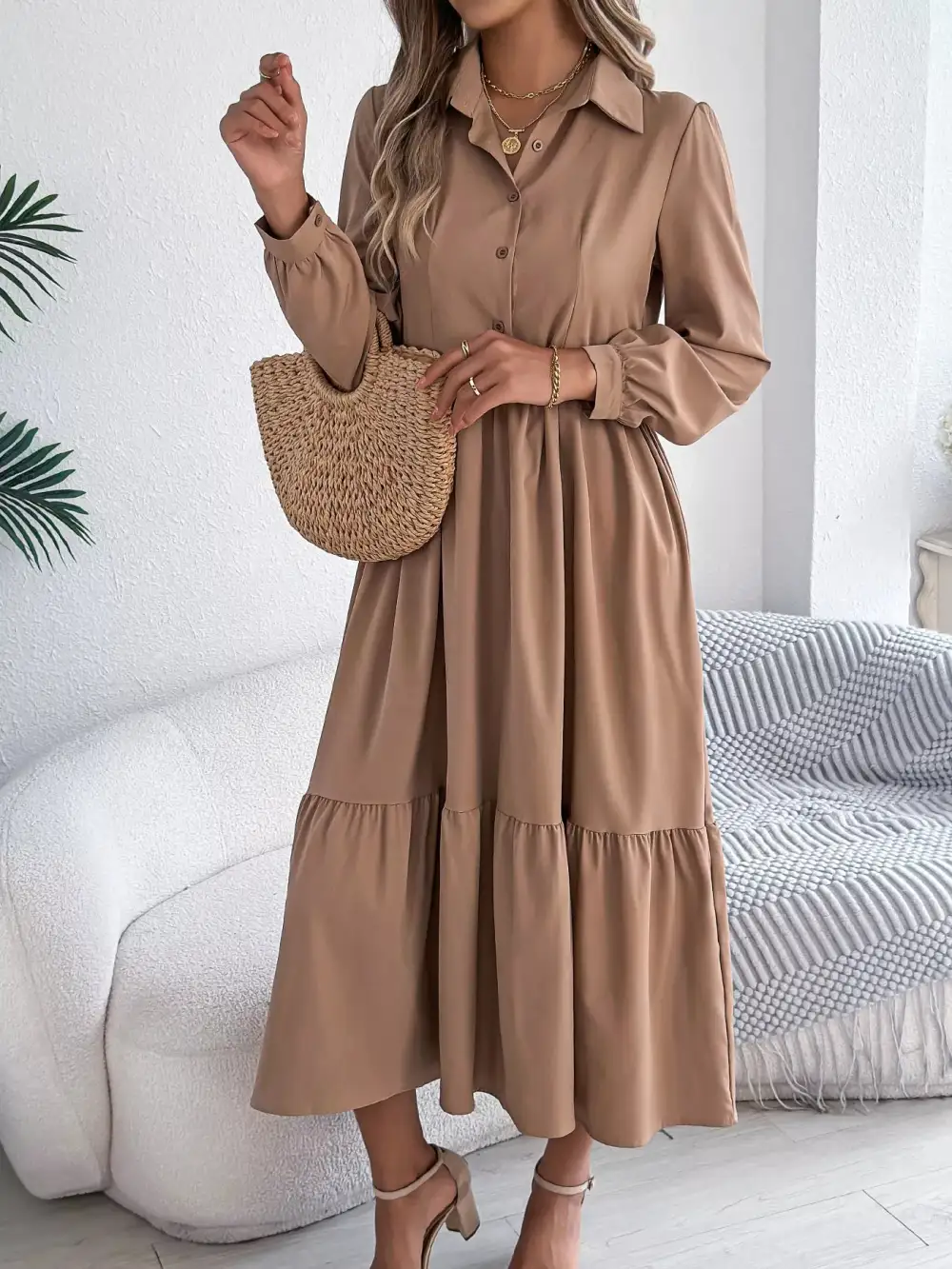 Button Front Tiered Long Sleeve Midi Dress